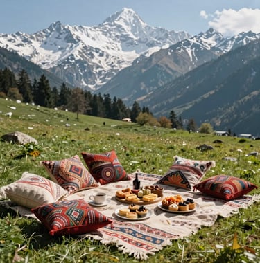 A lifestyle photography shot of a high-end picnic setup in a lush Manali meadow, South Asian / Indian inspired textiles and pillows, gourmet food, with snow-capped peaks in the background.
