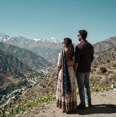 A candid shot of a couple in contemporary South Asian / Indian attire standing on a mountain ridge in Manali. They are looking out at a valley of wildflowers under a bright, clear teal sky. The composition is adventurous yet aspirational and high-end.