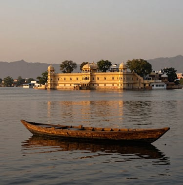A serene landscape of Lake Pichola in Udaipur at dusk. A traditional wooden boat is visible on the calm water, with the City Palace glowing in a soft golden sand color in the background. The lighting is sophisticated and warm, reflecting South Asian elegance.