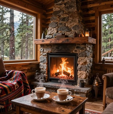 A cozy fireplace in a luxury Manali log cabin, South Asian / Indian wool blankets, steaming cups of masala chai, warm and inviting atmosphere with a view of pine trees.