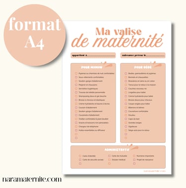 French maternity suitcase checklist printable in A4 format for hospital bag essentials.