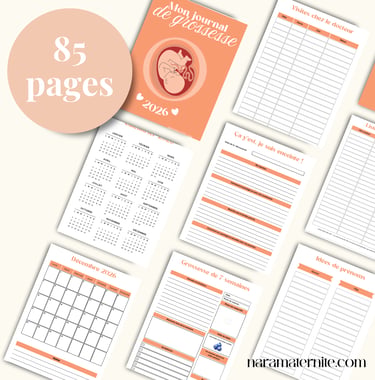 A collection of printable French pregnancy journal pages with a 2026 calendar and health trackers.