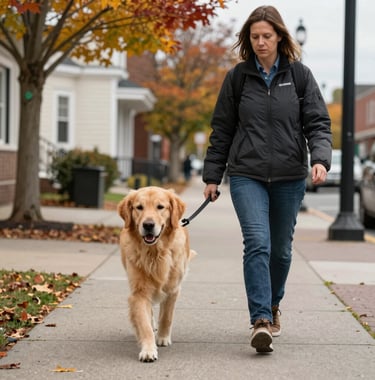 Photography of a golden retriever service dog walking calmly beside a handler on a sidewalk in a North American town center, autumn trees and off-white buildings in the background, sharp focus, professional style.