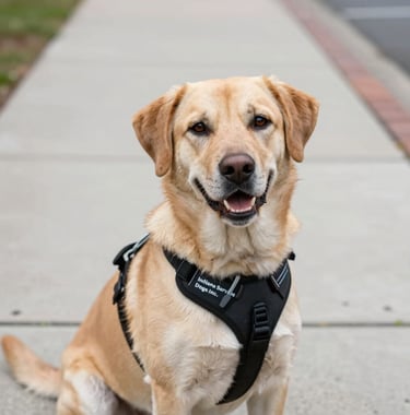 A close-up of a service dog wearing its harness with 'Indiana Service Dogs Inc.' text visible, sitting patiently on a North American sidewalk, bright and clear photography.