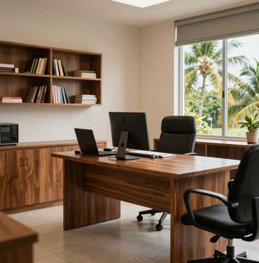 A photography shot of an organized, modern therapist's office in the Caribbean / Anglophone Caribbean, with warm wood furniture and a view of tropical palms through the window.