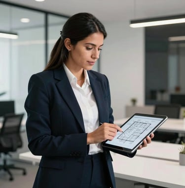 A professional in a modern South American / Ecuadorian office setting, dressed in corporate attire, reviewing property plans on a tablet. The background is a clean, minimalist office with white and black accents.