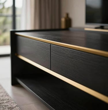 An exquisite close-up of a luxury home interior in a South American / Ecuadorian residence. The scene features minimalist furniture with black and gold details, high-quality materials, and soft natural light highlighting the elegant textures.