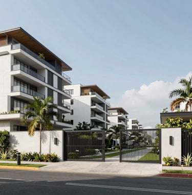 Exterior shot of a modern urban project in Ecuador, showing a secure, gated luxury community with contemporary architecture, white facades, and lush landscaping under a clear, bright sky.