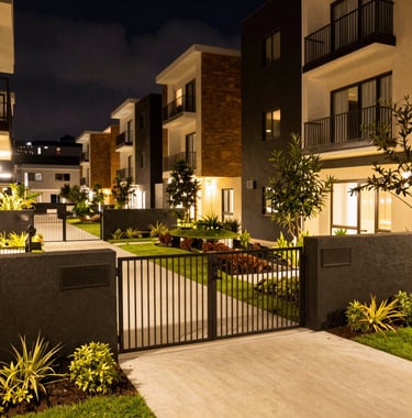 Night shot of a modern urban housing project in Ecuador featuring security gates and beautifully manicured community gardens. Warm golden lighting against black structures and white pathways.