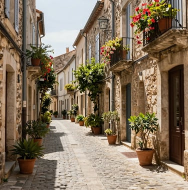A charming narrow cobblestone street in the old town of Pézenas with hanging plants and historical stone facades, Southern European summer vibe, professional photography.