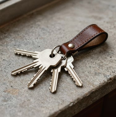 A set of keys on an elegant leather keychain placed on a stone countertop, professional atmosphere.