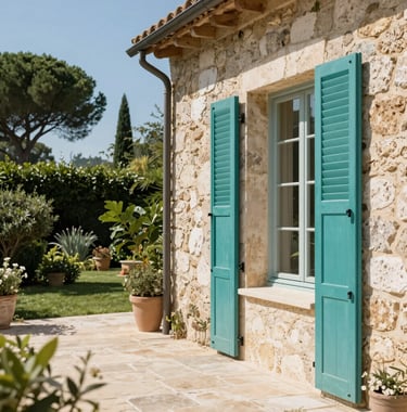An elegant outdoor patio of a French villa with teal-colored shutters and stone walls, overlooking a lush garden under the bright Southern European sun.