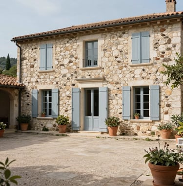 Wide shot of a peaceful courtyard in a Southern European / French stone villa, with blue-grey shutters and terracotta pots.