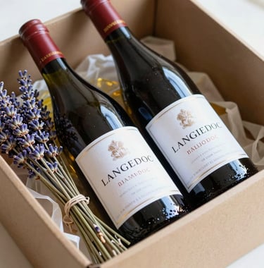 Close-up photography of a luxury welcome pack for guests featuring local Languedoc products, a bottle of wine, and lavender sprigs, Southern European style, bright natural lighting.