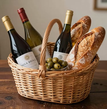 Close-up photography of a high-end welcome basket on a dark wood table, featuring local French wine, olives, and fresh bread, with warm beige and terracotta tones.