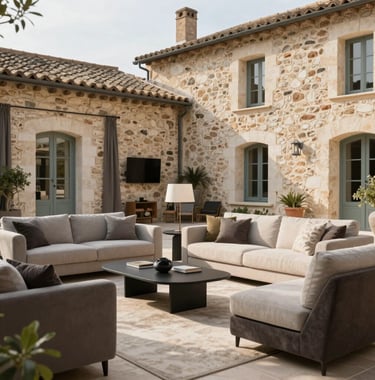 A beautifully decorated living room in a traditional Pézenas stone house, modern chic furniture mixed with authentic regional elements, soft morning sunlight, elegant and professional atmosphere.