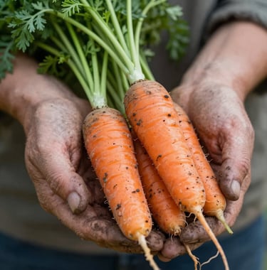 Close-up macro photography of weathered, earth-stained hands gently cradling a bunch of freshly picked heirloom carrots and herbs. The focus is sharp on the texture of the vegetables, using a palette of natural greens (#5C8B7E) and warm soil tones, emphasizing authenticity and quality.