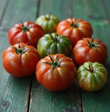 A detailed shot of freshly picked heirloom tomatoes in various shapes and colors resting on a dark green wooden surface. Moody, authentic, and high-quality aesthetic.