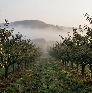 A scenic view of a morning mist rolling over an orchard of apple trees. The lighting is ethereal and cool, highlighting the tranquility of the agrarian landscape.
