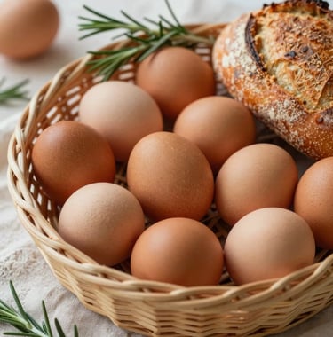 A flat lay of organic eggs in a wicker basket on a linen cloth, accompanied by a sprig of rosemary and freshly baked sourdough bread. Natural, warm lighting.