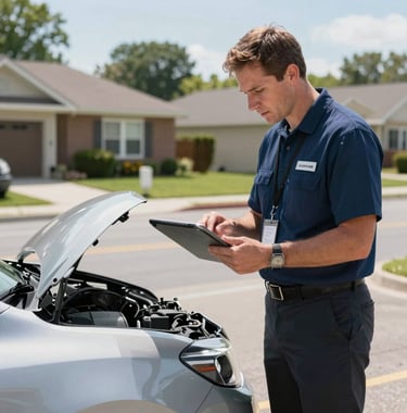 A professional insurance adjuster in a North American suburban setting using a digital tablet to inspect the front of a sedan, bright daylight, realistic photography emphasizing reliability.
