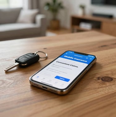 A close-up photograph of a smartphone and a set of car keys on a wooden table in a brightly lit North American living room, displaying a mobile insurance app for convenient claims.