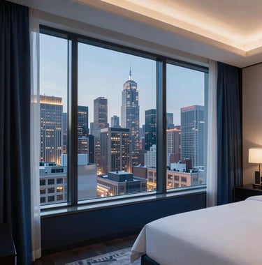 A sophisticated interior view of a luxury hotel suite with floor-to-ceiling windows looking out over a vibrant city skyline at dusk. The room is decorated in navy blue and white, reflecting a modern minimalism and upscale North American / US lifestyle.