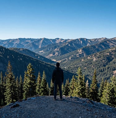 A tranquil shot of a person standing on a mountain peak, looking out over a vast valley of pine trees. The composition is balanced and inspiring, using sky blue tones for the distant mountains and navy blue for the foreground terrain. North American / US wilderness style.