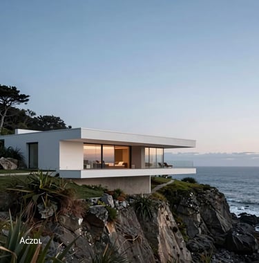 Photography of a modern minimalist villa nestled against a coastal cliffside in North America. The clean architecture is bathed in soft sky blue light, emphasizing a sense of luxury, privacy, and serene relaxation.