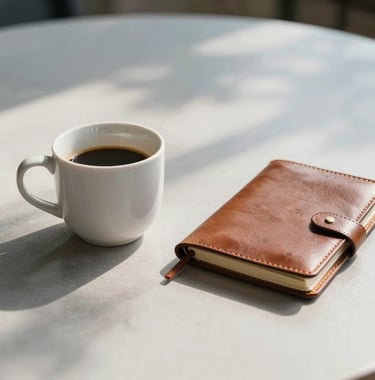 A close-up photograph of a minimalist white ceramic coffee cup and a leather travel journal on a clean outdoor table. Soft morning sunlight and sky blue shadows create a calm, professional atmosphere. North American / US styling.