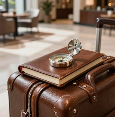 A detail shot of a luxury travel journal and a compass resting on a high-quality leather suitcase in a sunlit, modern North American hotel lobby.