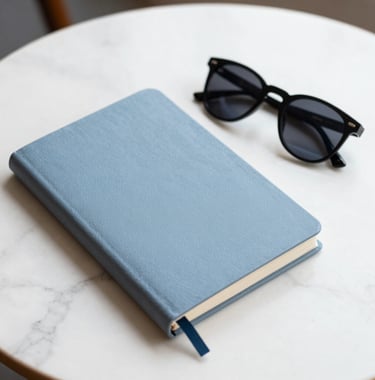 An elegant close-up of a premium travel journal and a pair of luxury sunglasses resting on a clean white marble table. The color palette consists of soft blues and off-whites, suggesting sophisticated trip planning.