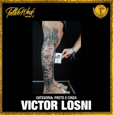 Premiação Tattoo Week categoria preto e cinza com trabalho de Victor Losni