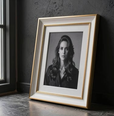 A luxurious custom photo frame made of white and gold materials, leaning against a dark, textured wall in a modern North American / US home. Soft, cinematic morning light enters from a window, creating a refined and emotional atmosphere.