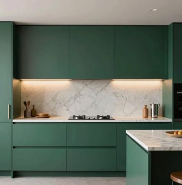 A professional architectural photo of a modern modular kitchen. The cabinets are finished in a matte royal dark green, paired with pure white marble countertops and integrated warm sandy beige lighting under the shelves.