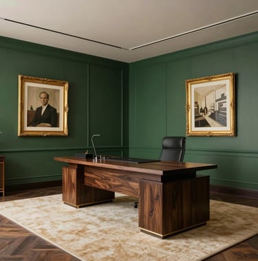 An architectural shot of a modern office interior. A large desk in dark wood sits on a warm cream rug. The walls are deep forest green with gold-framed bespoke art pieces. Spacious and highly professional.