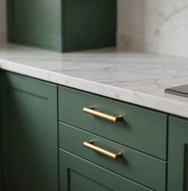 A close-up photograph of a minimalist modular kitchen with deep forest green cabinetry and pure soft white marble countertops. Shimmering brushed gold handles catch the soft morning light. Elegant and uncluttered.