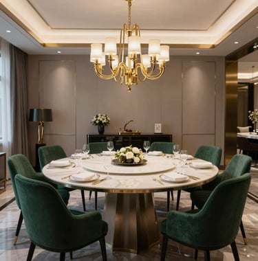 A wide shot of a luxury dining room with a large soft white table, royal dark green chairs, and a metallic gold chandelier.