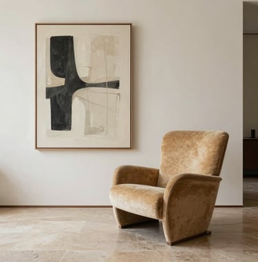 A high-end interior photograph of a minimalist living area. The composition features a warm sandy beige designer lounge chair against a soft off-white wall, with a single large-scale piece of abstract art and a polished stone floor.