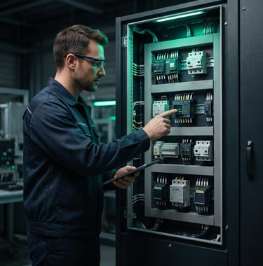 مهندس كهرباء صناعية يفحص لوحة تحكم تحتوي PLC وقواطع كهربائية داخل منشأة صناعية