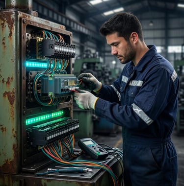 فني مختص يقوم بصيانة وتحديث نظام كهربائي صناعي مزود بعناصر Relay و Control Panel