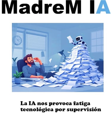 Persona agotada en su escritorio ante una pila de papeles generadas por la IA.