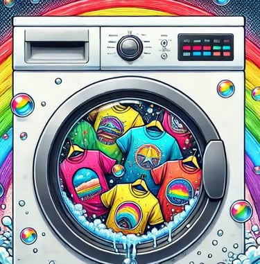 a washing machine with a rainbow colored laundry basket