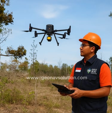 Surveyor Indonesia dari GeoNav Solution mengenakan rompi kerja sedang mengoperasikan drone CHCNAV X5