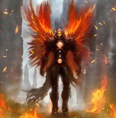 Guerreiro com armadura negra e asas de fogo em cenário fantástico, cercado por chamas e faíscas.