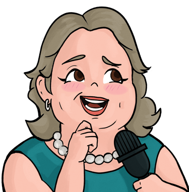 A drawing of fat woman holding a microphone. 