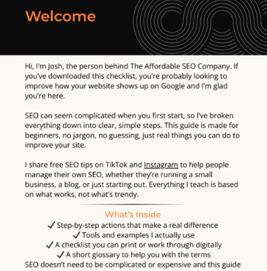 a snippet of the welcome page on the beginners guide to seo.