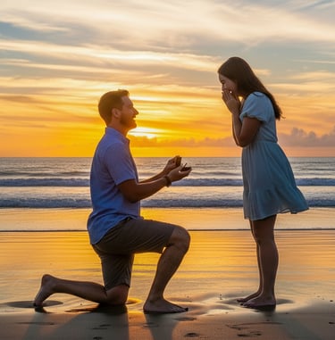 A man kneeling and proposing marriage to a woman.