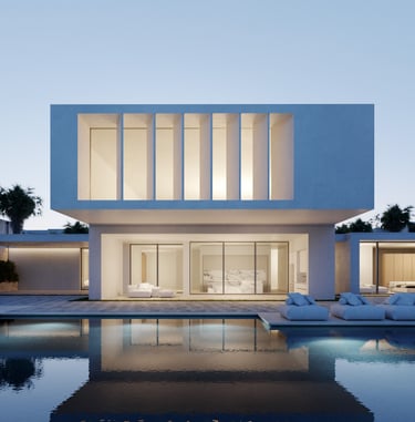 3D rendering of modern villa with minimalist architecture, large windows, clean lines, evening lighting, and sleek design.