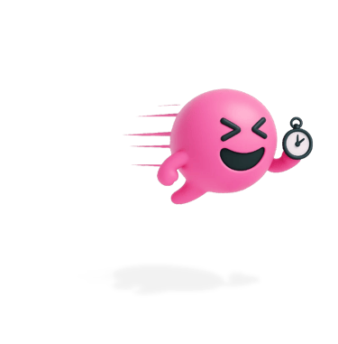 Blabit bubble with closed happy eyes speeding along with motion lines while holding a stopwatch